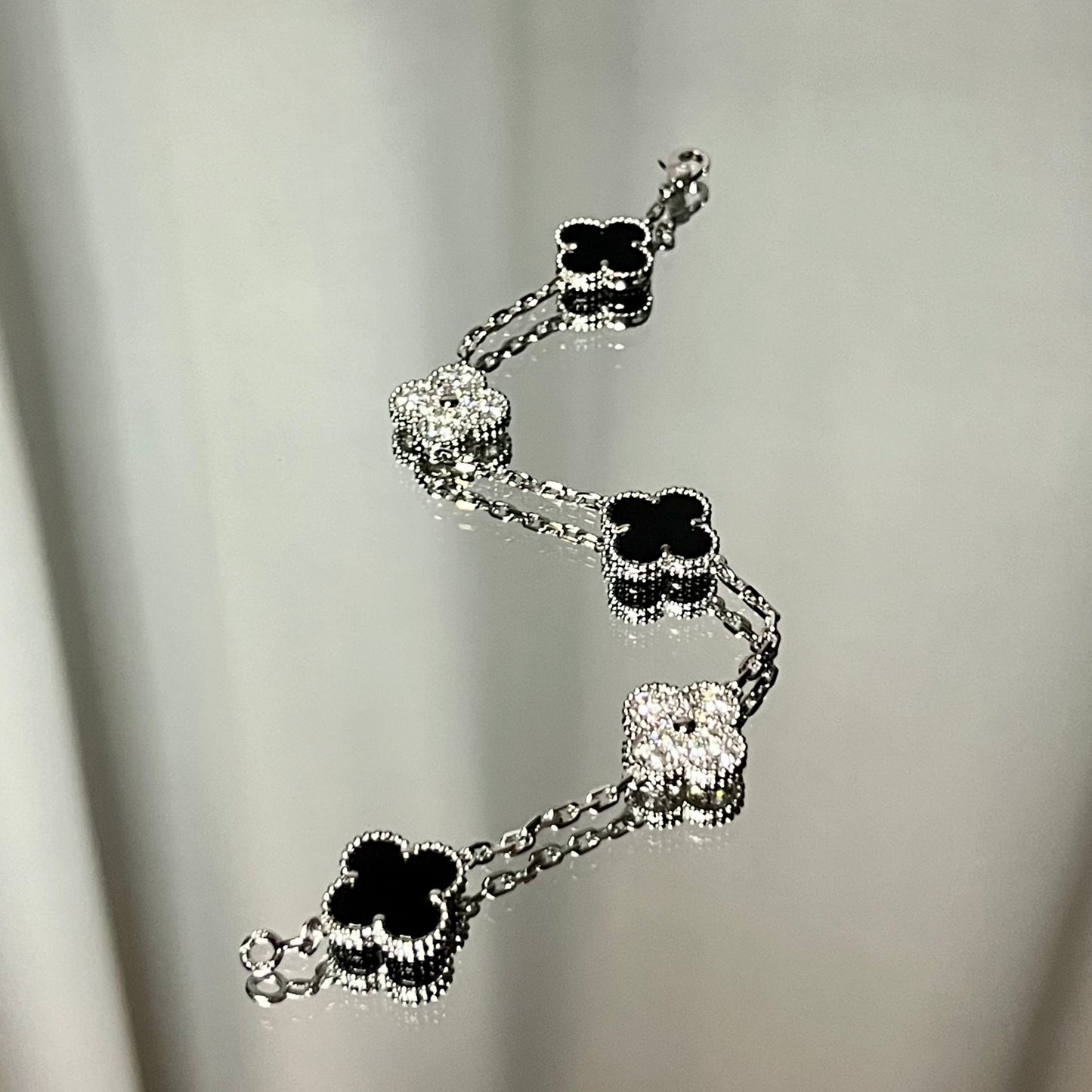 Silver and Black Rhinestone Clover Bracelet